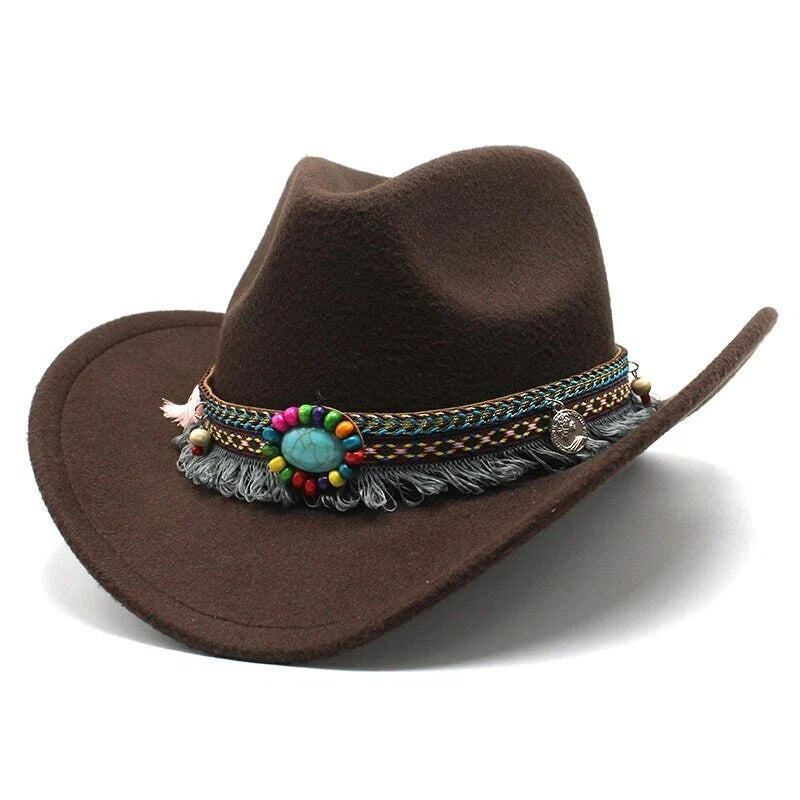Brown Western Cowboy, Cowgirl Hat, Bead Tassle Strap, Men Women Retro Wide Brim