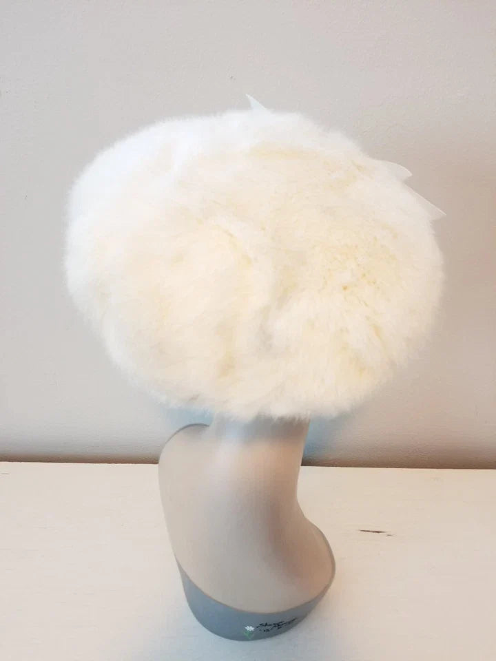 Vintage 1940's Dreamy Soft Cream Rabbit Fur Floating Saucer Ladies Hat with Bow