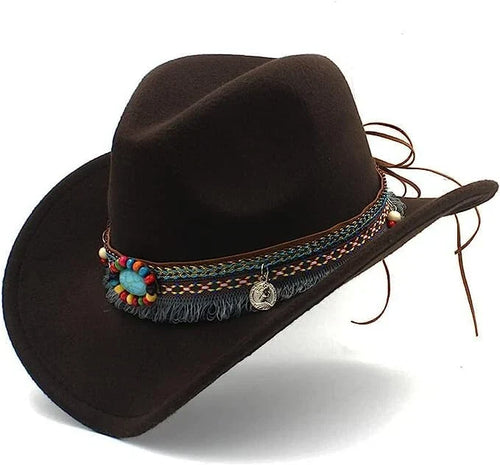 Brown Western Cowboy, Cowgirl Hat, Bead Tassle Strap, Men Women Retro Wide Brim